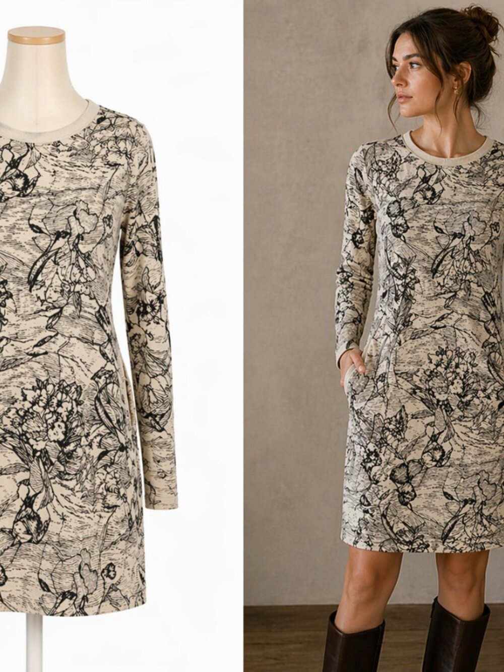 Athleta Size S Floral Sweater Dress Lagenlook Artwear Botanical Pockets Tunic